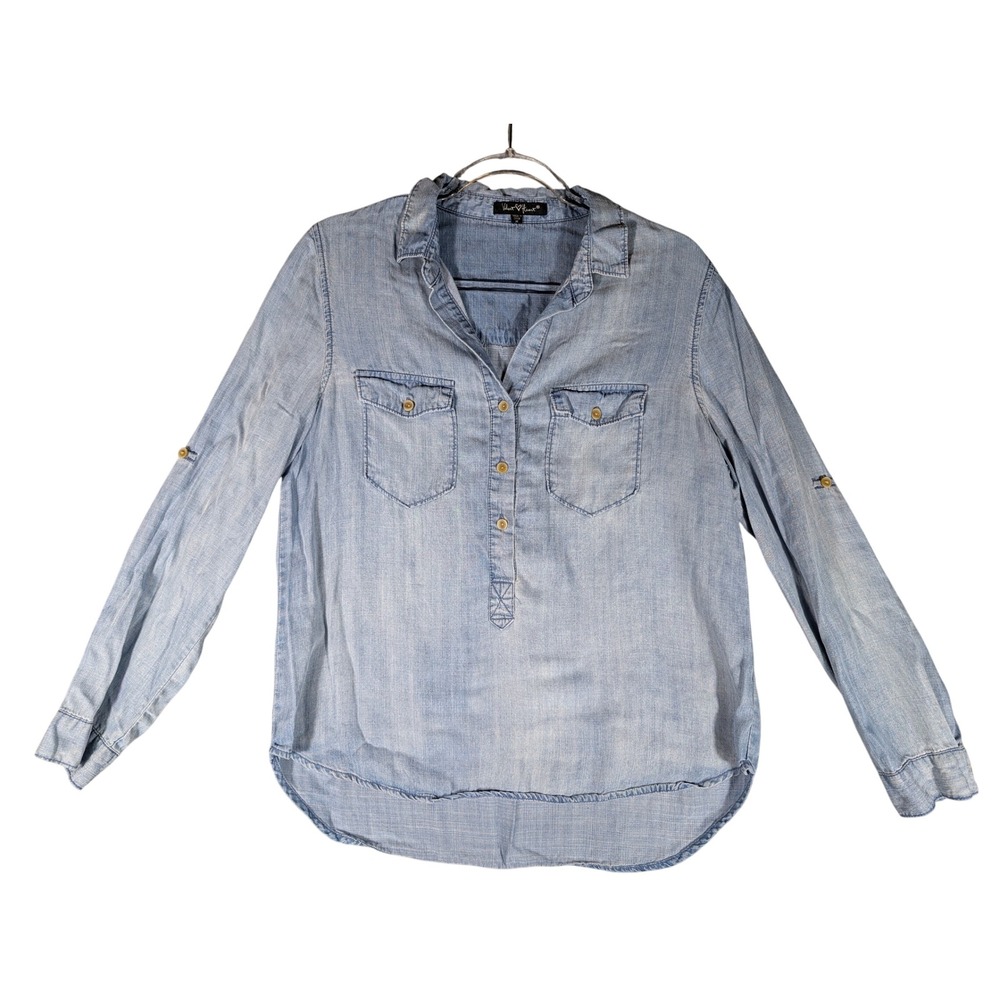 Velvet Heart Light Wash Tencel Chambray Roll Tab Shirt Top Womens Size Medium